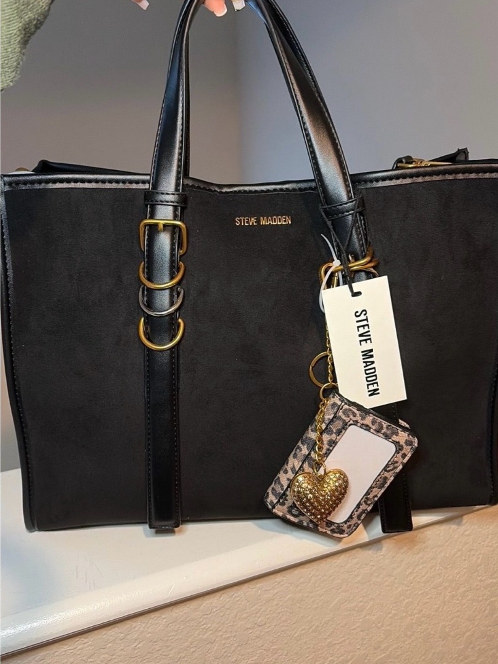 Steve Madden Black Tote with Leopard Cardholder & Gold Heart Charm